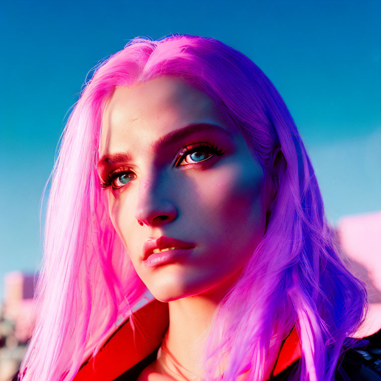 Vibrant pink hair and striking makeup under a blue sky