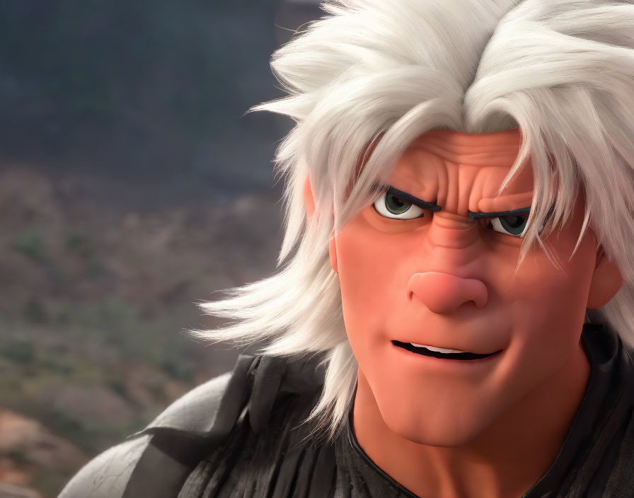 Detailed close-up of 3D character with white hair and determined expression against natural backdrop