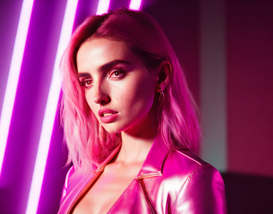 Blonde woman in purple jacket under neon lights