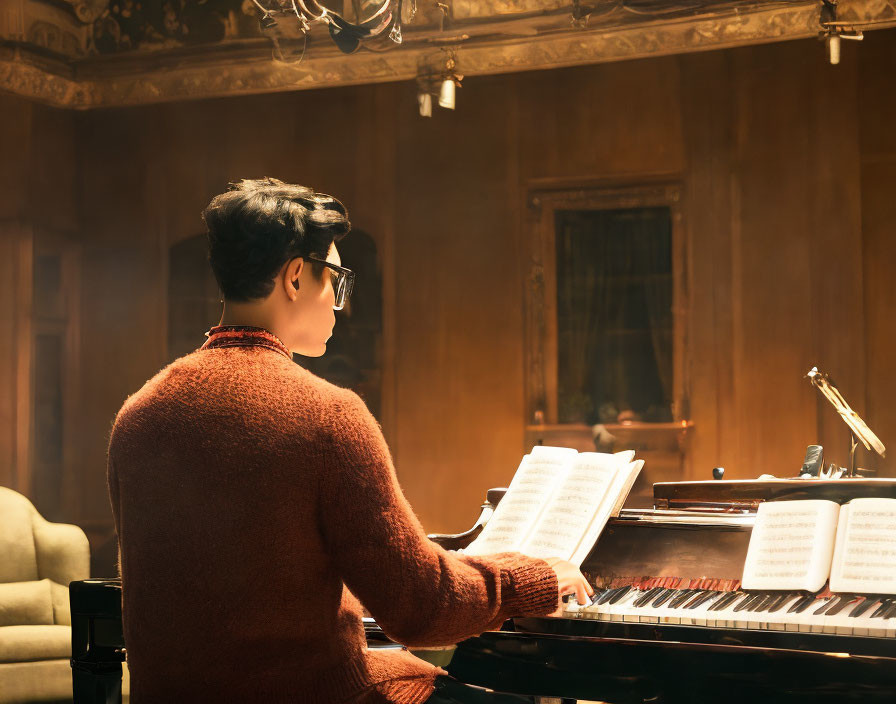 Person in brown sweater playing grand piano in warmly lit room.