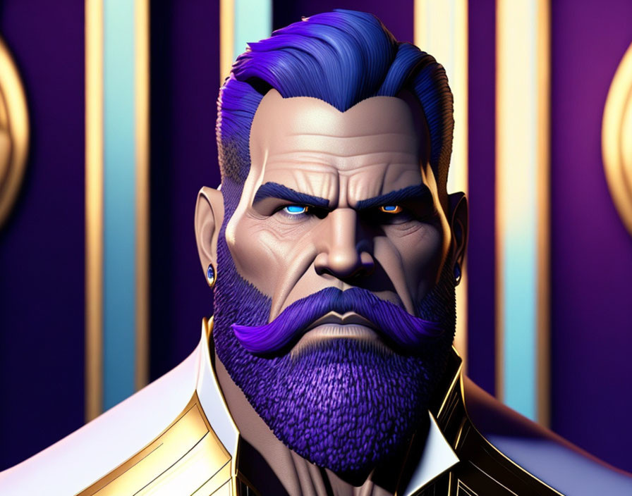 Man with Blue Hair and Mustache in White Suit on Purple and Gold Background