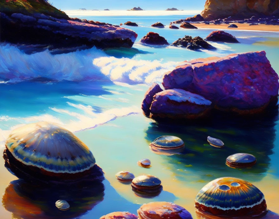 Seaside painting with shells, waves, and rocky cliffs under clear blue sky