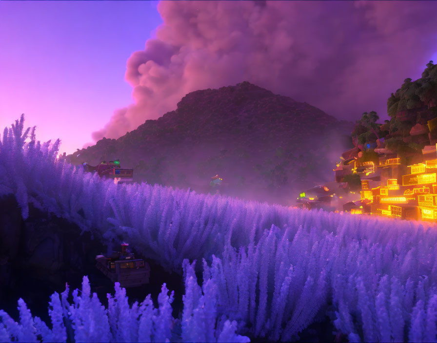 Lavender field at dusk with glowing houses and purple sky