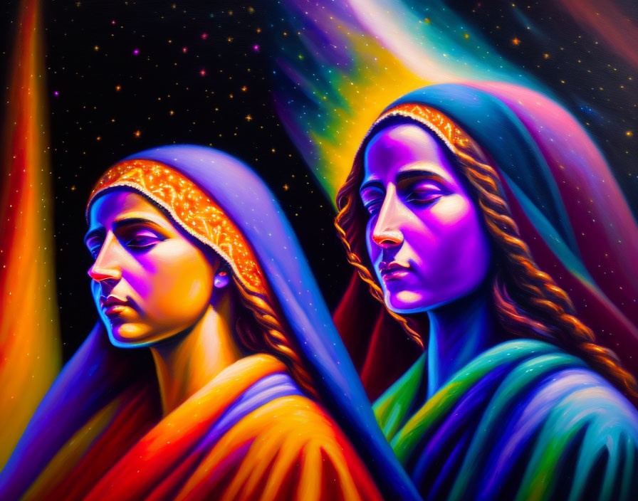 Colorful painting of two figures in flowing robes against starry aurora backdrop