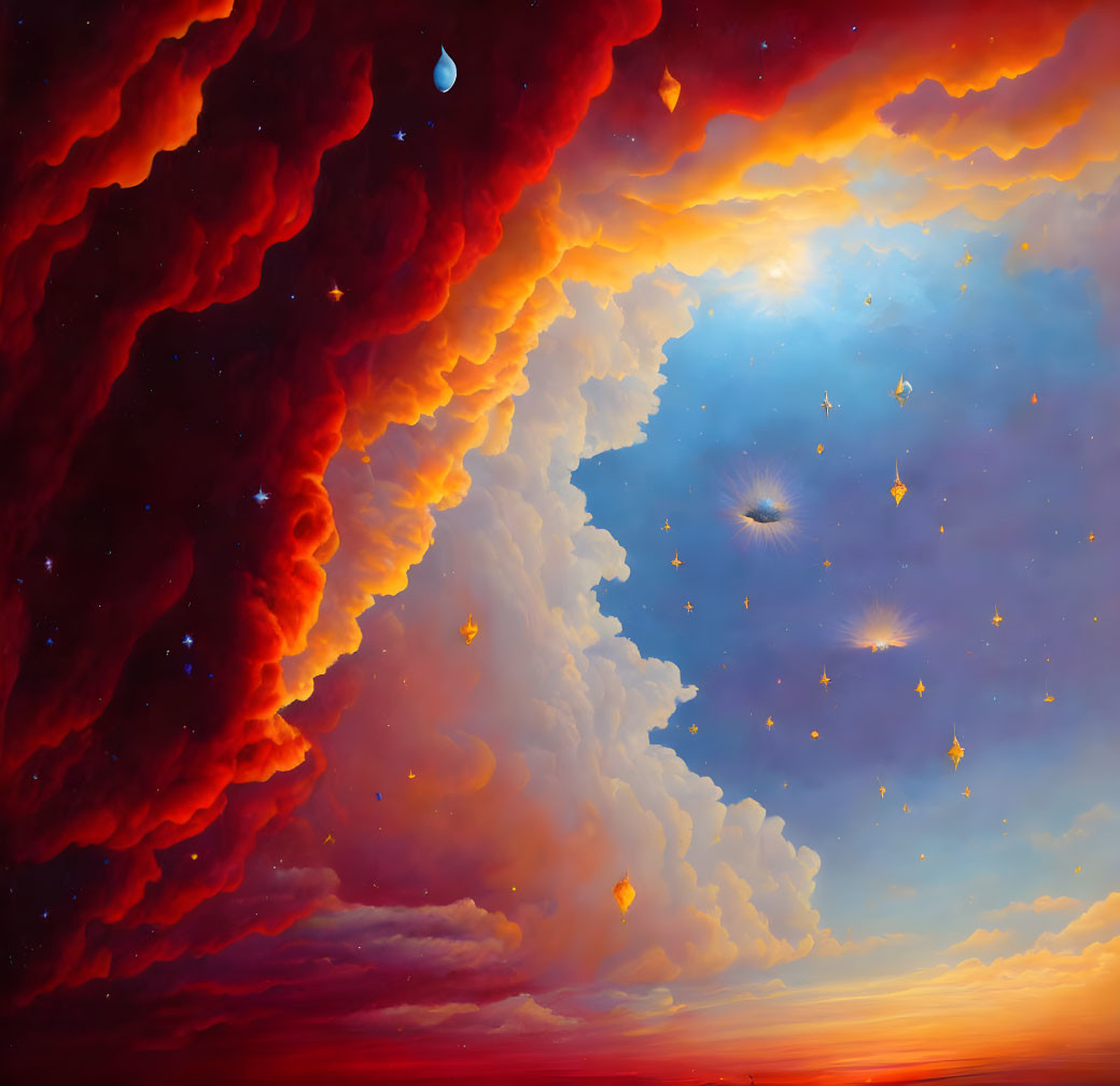 Colorful sky painting with red and orange clouds and stars on blue background