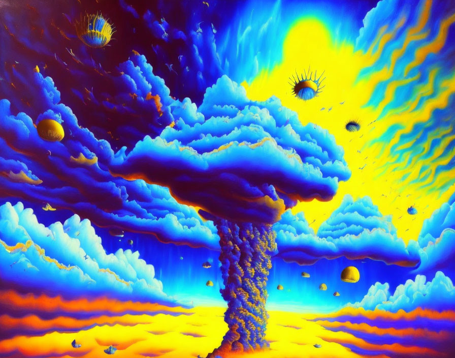 Colorful surreal painting: towering mushroom cloud, vibrant stratified clouds, multiple sun-like orbs