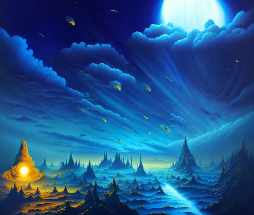 Fantasy landscape with glowing orb and towering spires