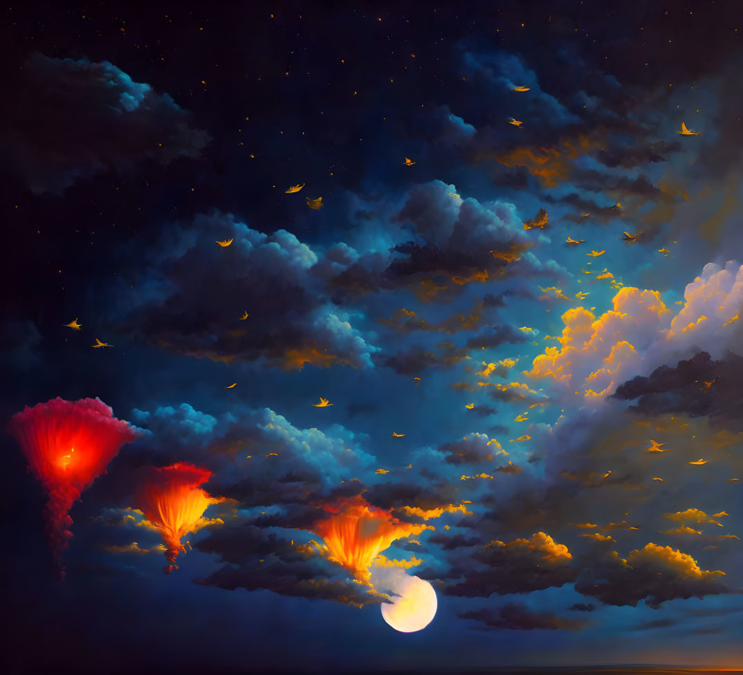 Fantastical night sky with crescent moon, illuminated clouds, birds, and glowing jellyfish-like