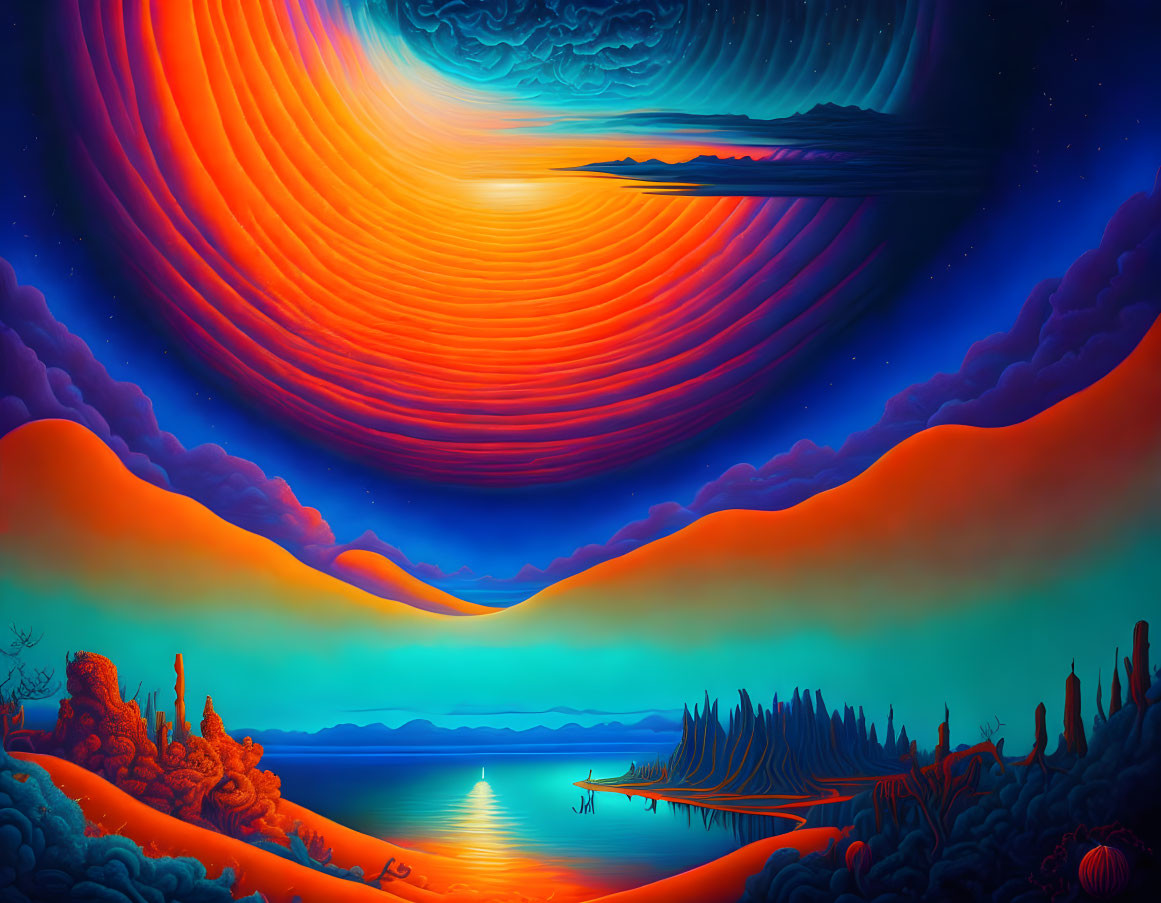 Colorful surreal landscape with glowing sunset over calm lake