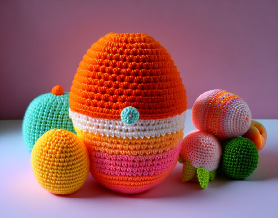 Vibrant crochet Easter eggs on light surface with pink-white gradient background