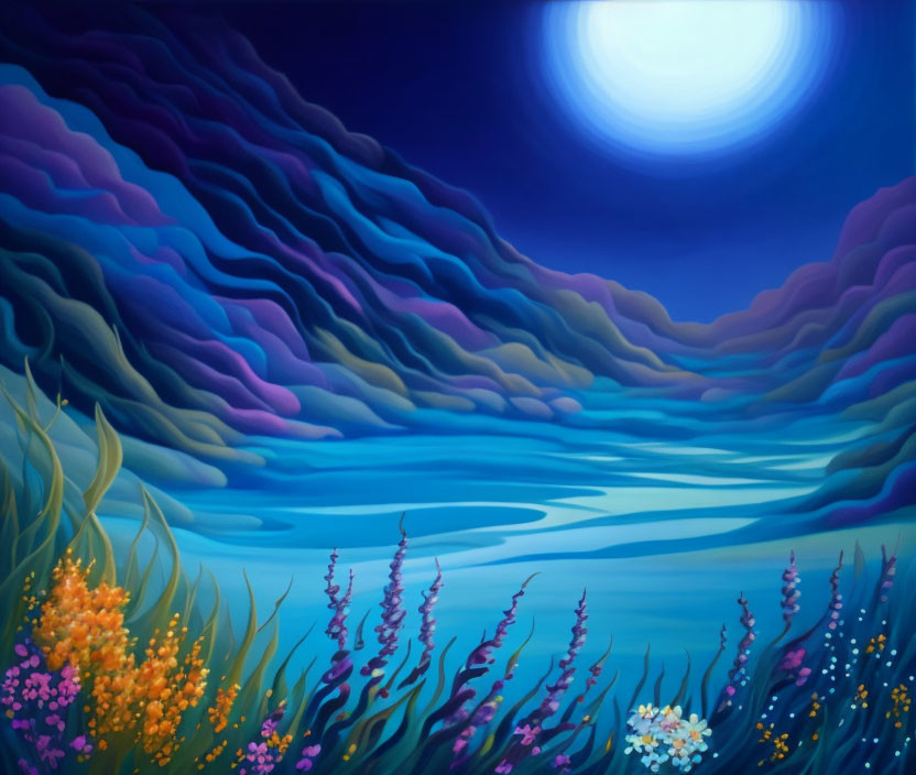 Moonlit landscape painting with blue hills, lake, and colorful flowers