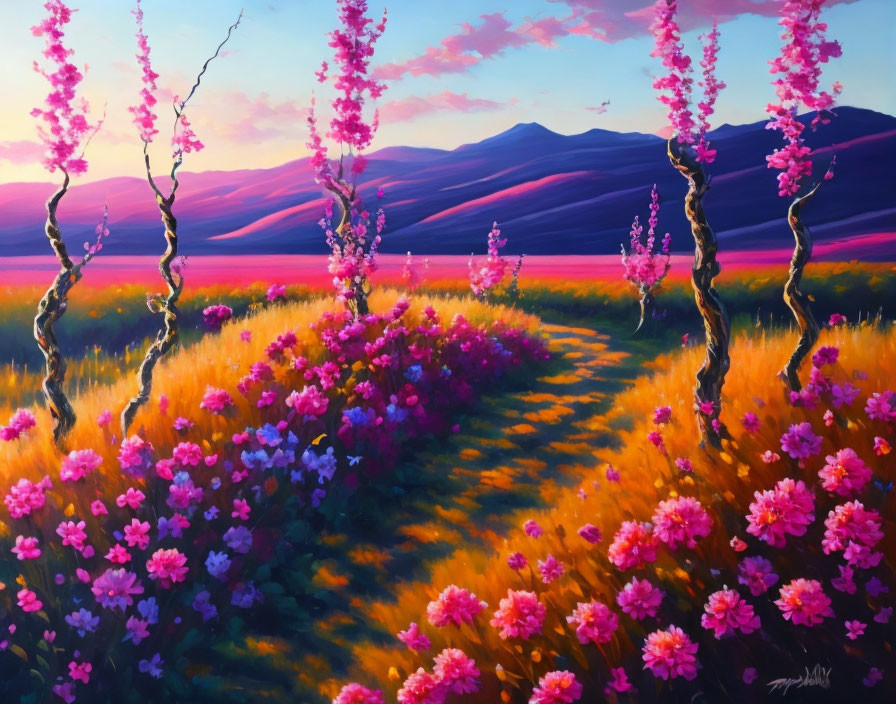 Vibrant landscape painting: pink trees, orange blooms, purple mountains at sunset