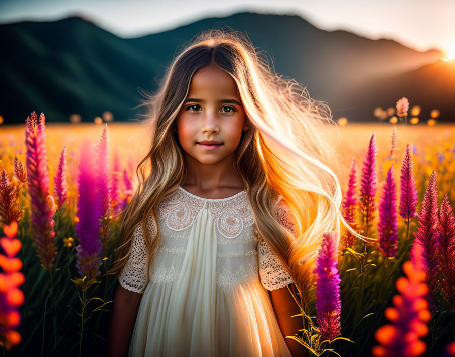 Young girl in colorful flower field at sunset with mountains backdrop