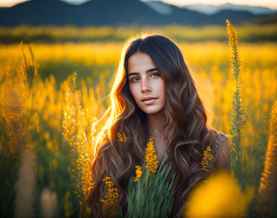 Young Woman with Long Wavy Hair in Sunset Field of Yellow Flowers