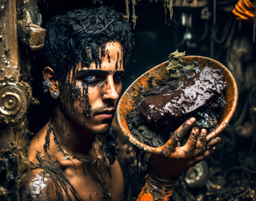 Person with striking blue eyes holding bowl in muddy backdrop