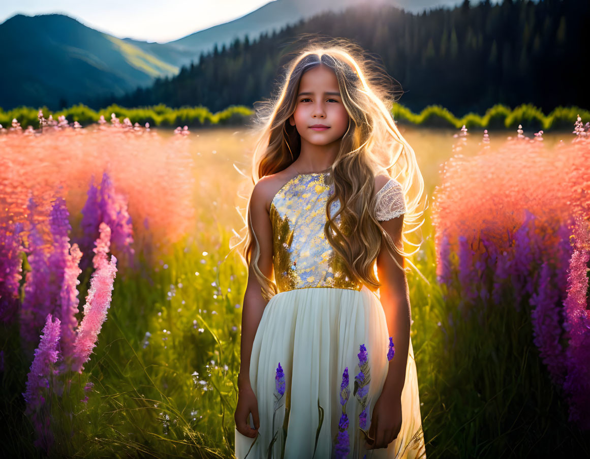 Girl in Purple Flower Field at Sunset with Illuminated Hair