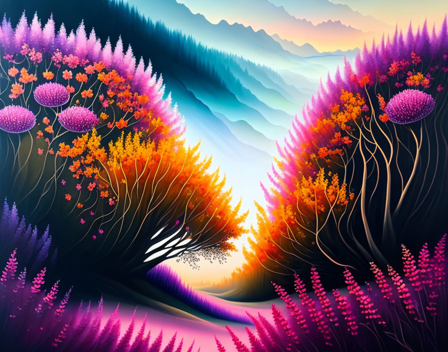 Vibrant digital art landscape: purple and orange foliage, sunset, mountainous backdrop