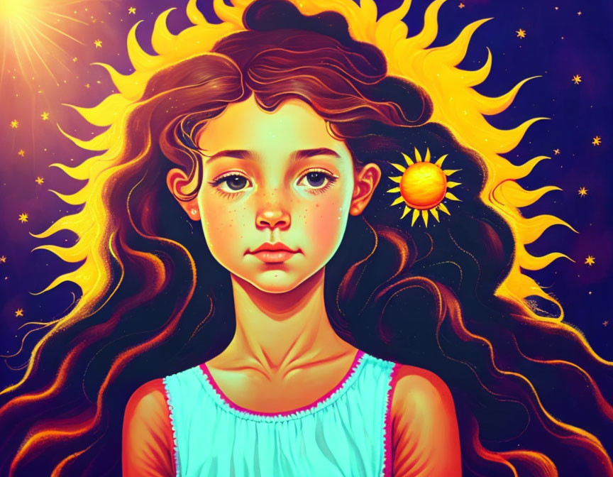 Colorful illustration: Young girl with flowing hair and celestial motifs.