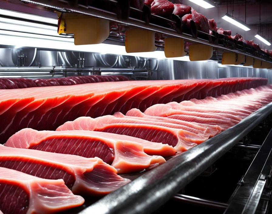 Fresh Fish Fillets on Conveyor Belt in Processing Plant