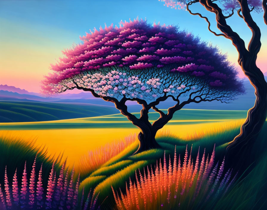 Vibrant landscape painting with lush trees and colorful fields under a dawn or dusk sky