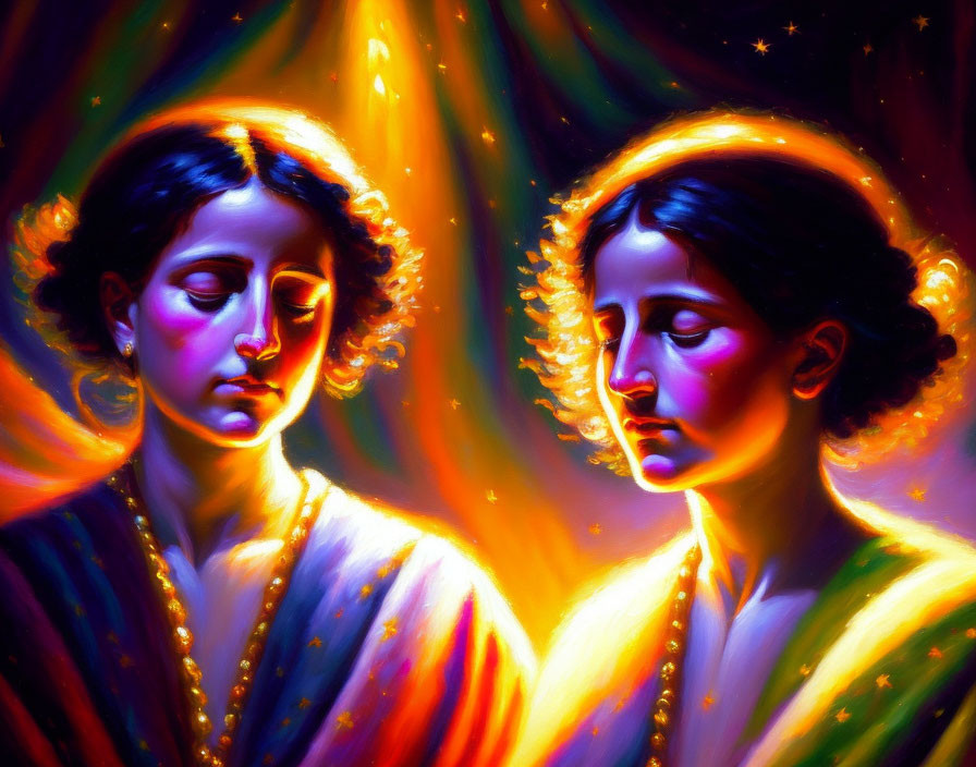 Vibrant painting of two figures with glowing auras in celestial setting