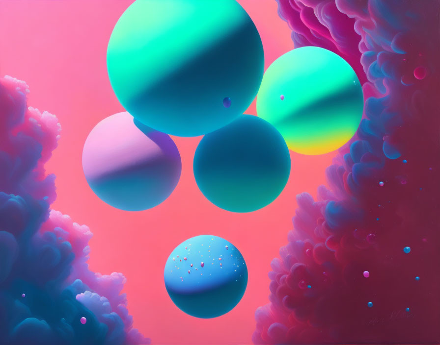 Colorful spheres and clouds in abstract art on pink and blue gradient background