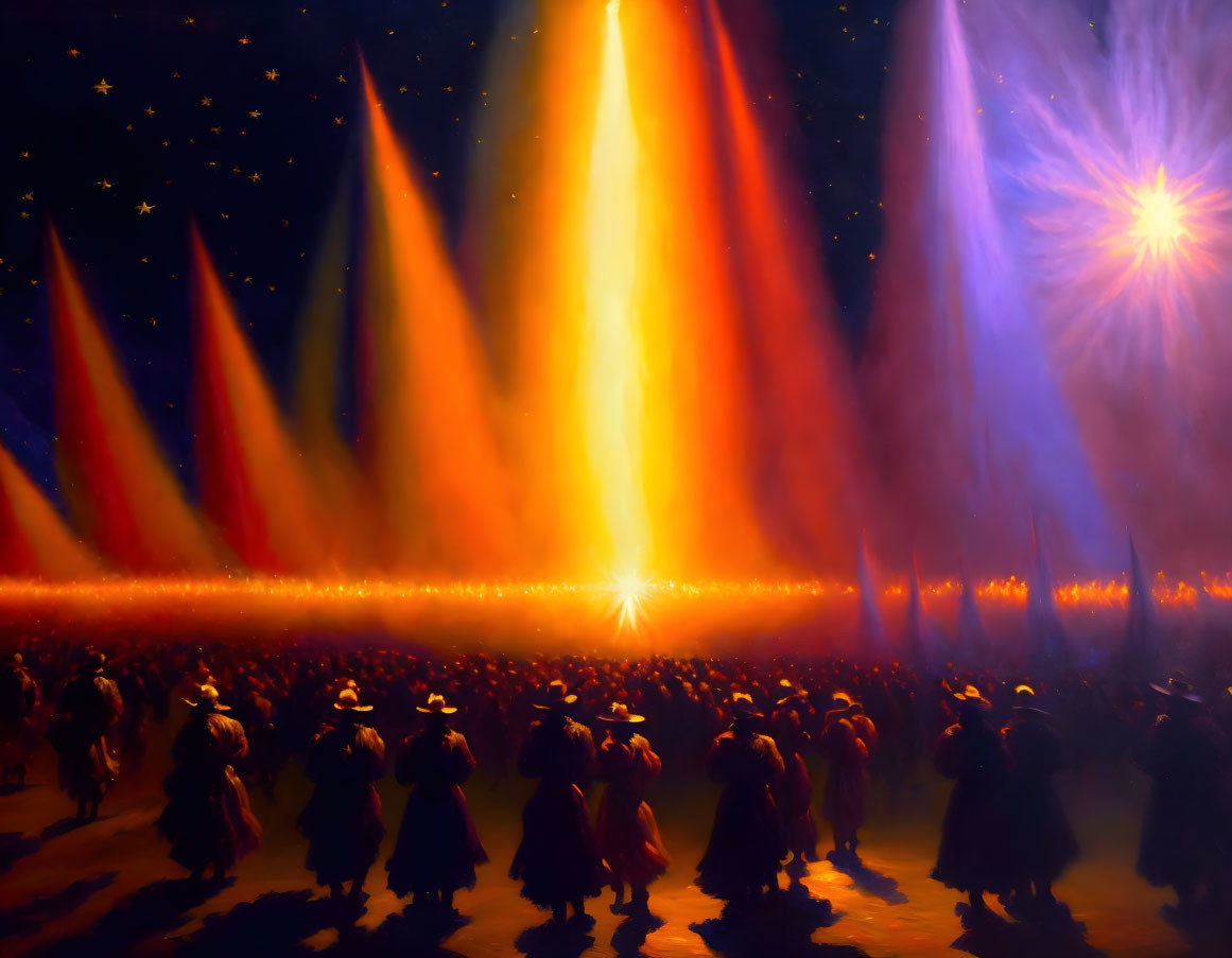 Crowd of figures under night sky mesmerized by dramatic starburst rays