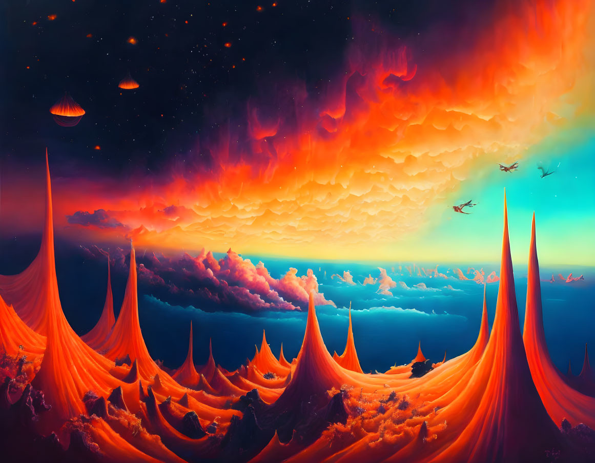 Digital art landscape with fiery peaks, dramatic sky, planets, structures, and birds.