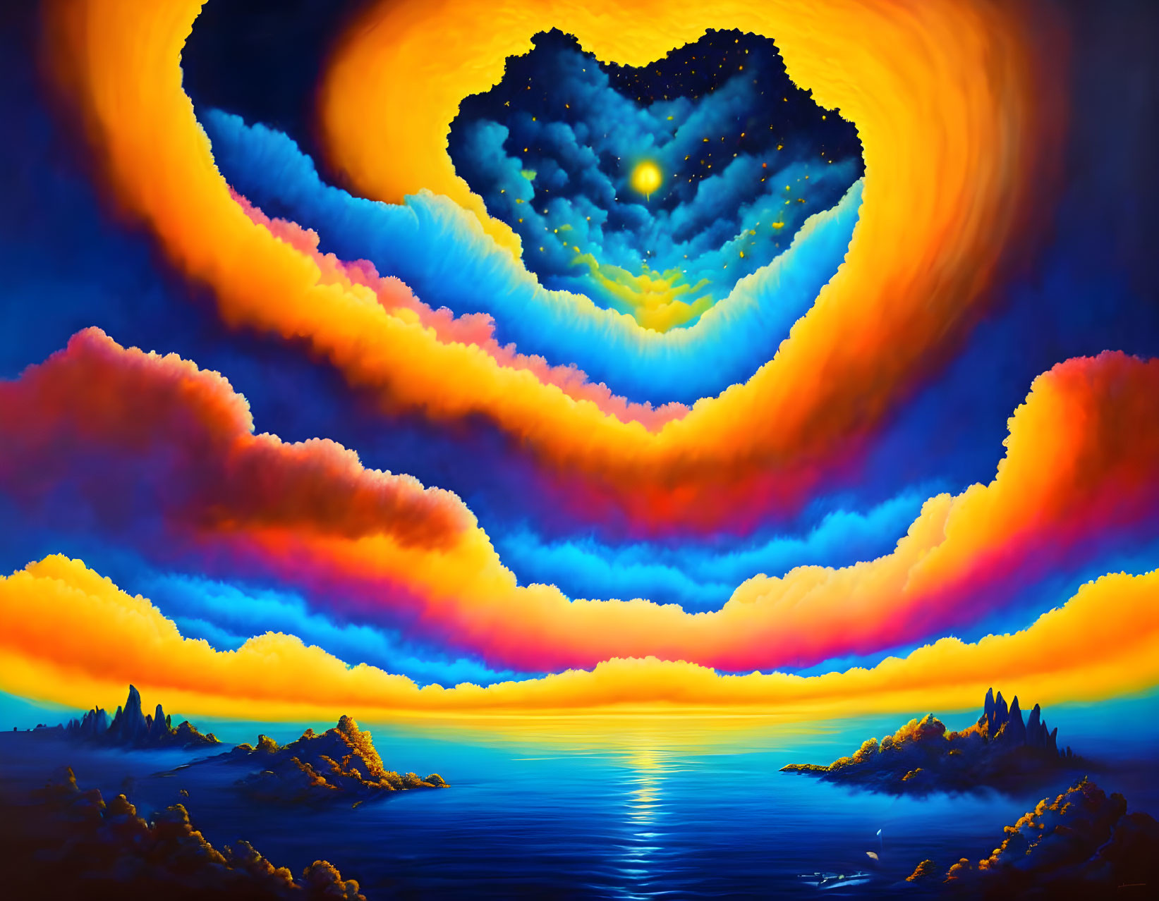 Surreal sunset painting with heart-shaped clouds over calm sea