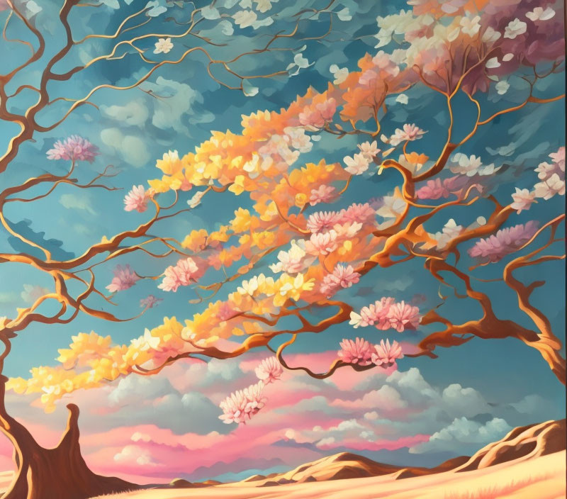 Colorful Tree Painting Against Pastel Sky with Clouds