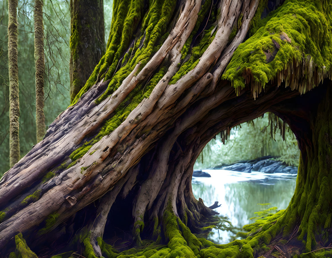 Moss-Covered Tree with Hollow Base in Lush Forest