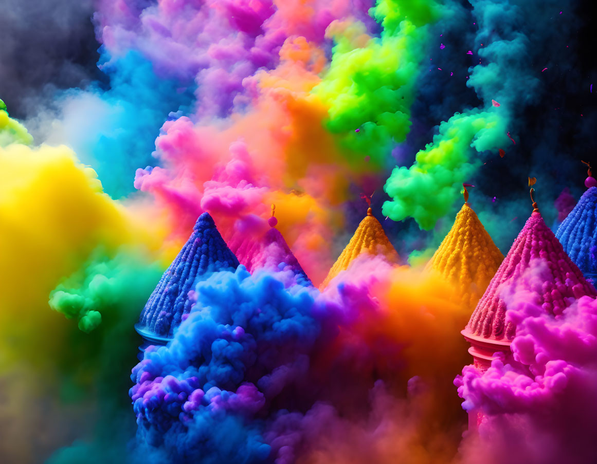 Colorful Smoke Surrounds Pointy Towers in Dreamlike Scene