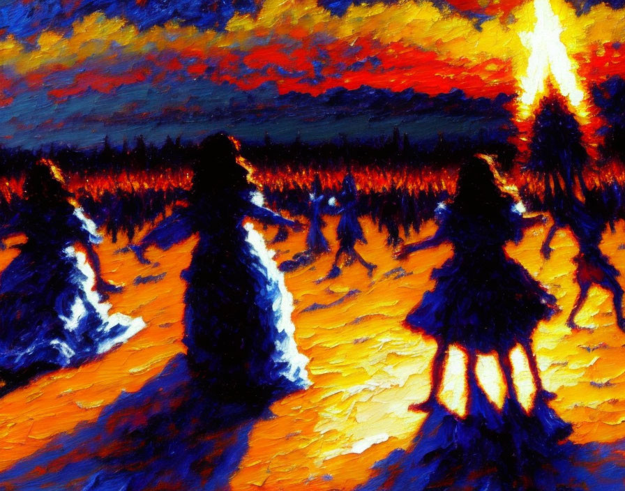 Impressionist-style painting of silhouetted figures against fiery sunset backdrop