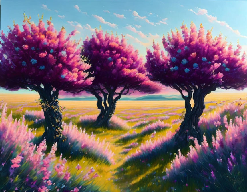 Colorful landscape painting: purple blossoming trees, flower-filled field, pastel sunset sky