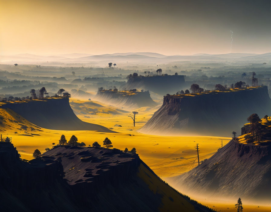 Misty Landscape at Sunrise with Table-Top Hills