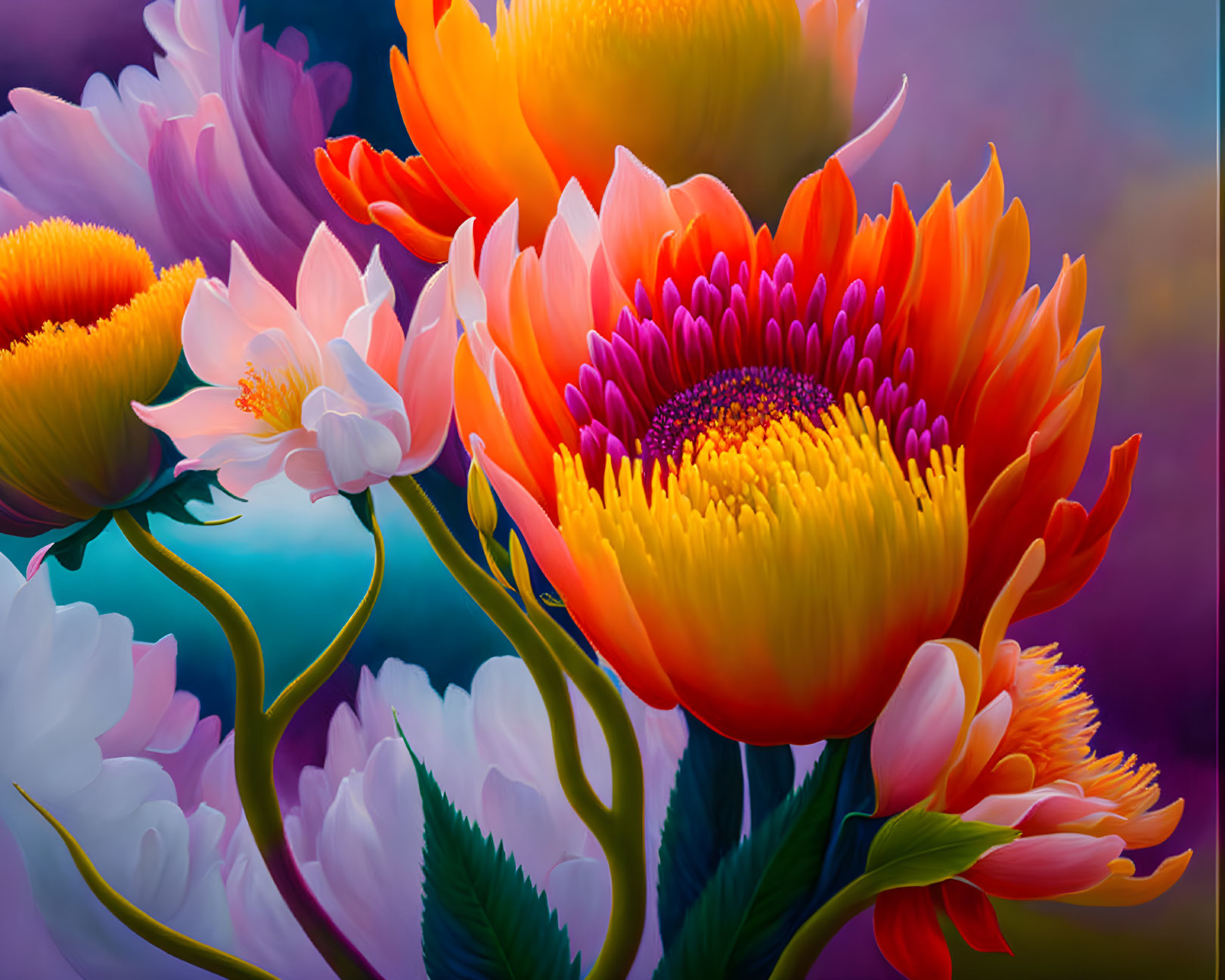 Colorful Blooming Flowers Close-Up in Orange, Yellow, and Purple