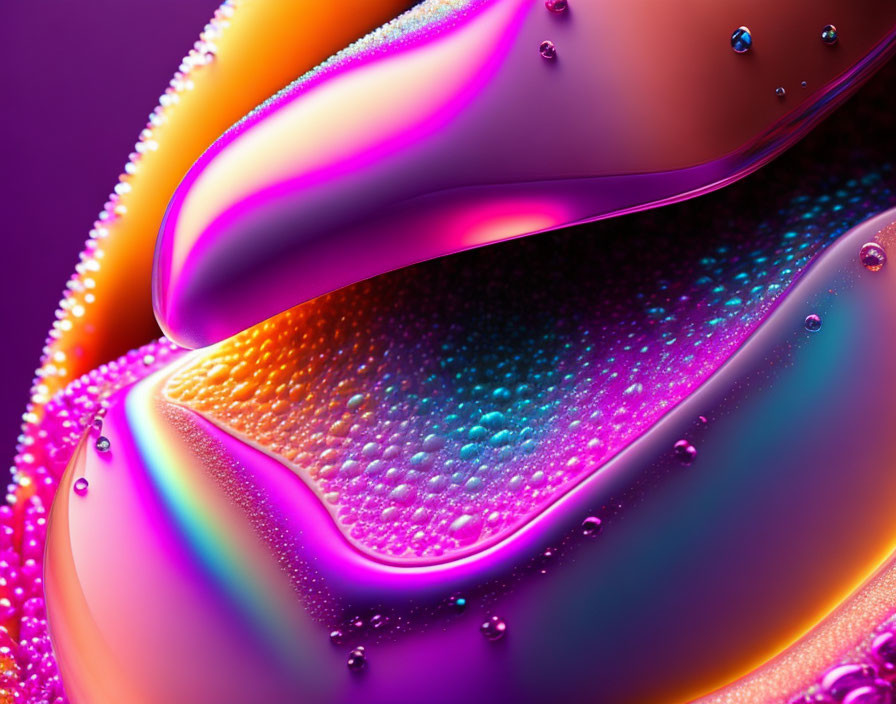 Iridescent surface with water droplets in purple, pink, orange, and blue