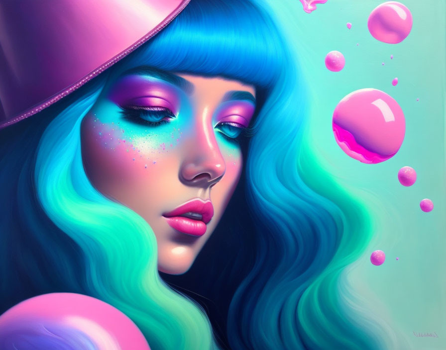 Vibrant digital portrait of woman with turquoise hair and pink cap