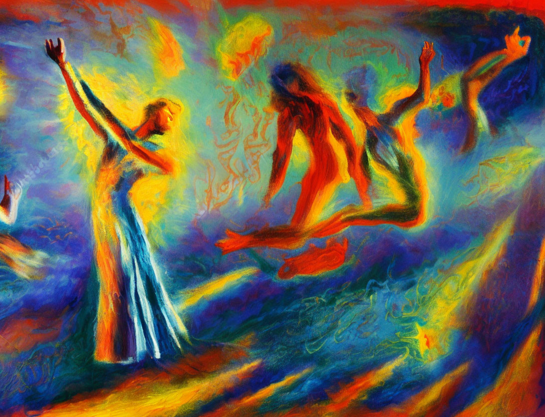 Colorful Abstract Painting: Figures with Outstretched Arms