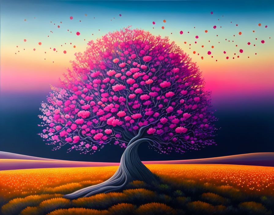 Colorful painting of solitary tree with pink blossoms against gradient sky and lush orange field