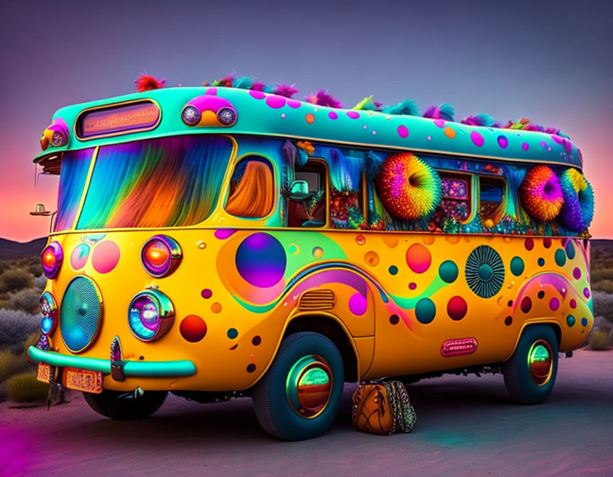 Vintage bus adorned with polka dots, fur, and lights in desert landscape