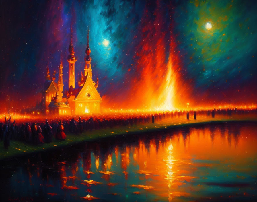 Starry sky painting with aurora over castle and river