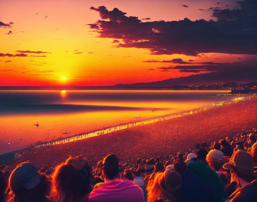 Crowd watching sunset colors on beach with ocean and hills