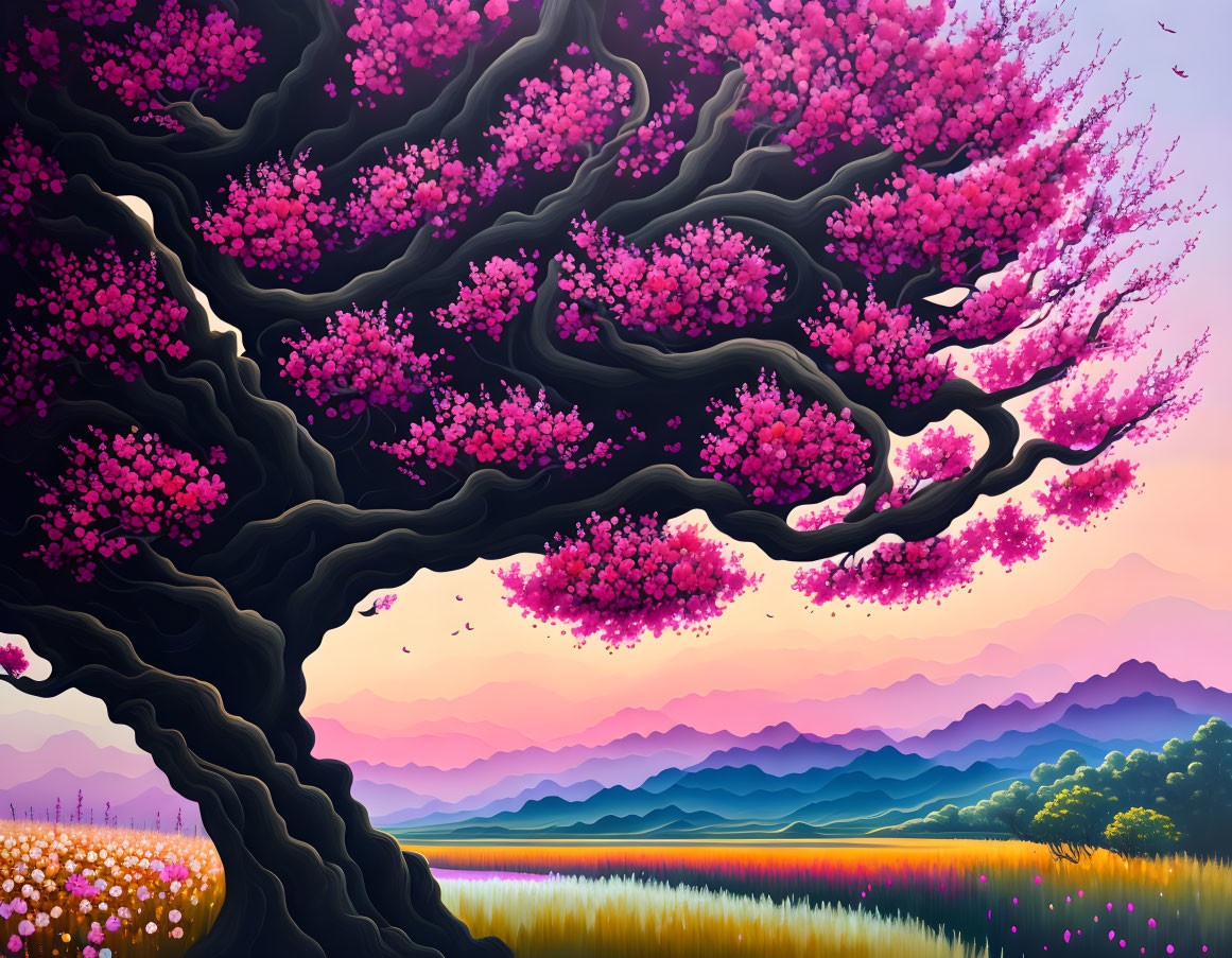 Vivid twisted cherry blossom tree against purple mountains & pink-orange sky