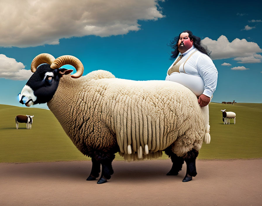 Surreal image of woman and oversized ram in grassy field