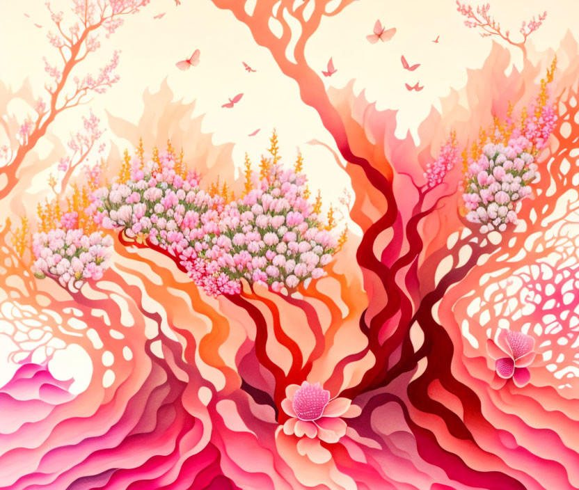 Colorful digital artwork: Pink blossoming trees against wavy crimson and cream hues