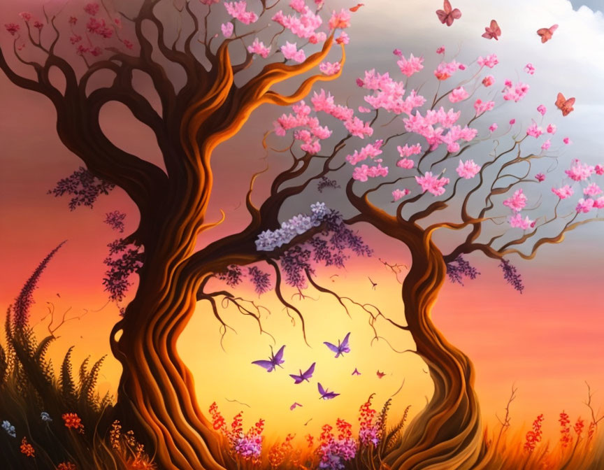 Whimsical digital painting: Intertwined trees, pink blossoms, butterflies, warm sunset