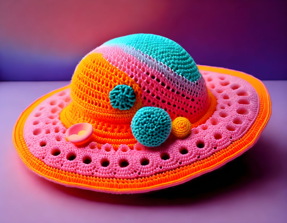 Colorful Crocheted Hat with Pom-Poms on Gradient Background