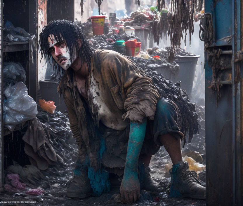 Disheveled person with face paint in urban decay setting