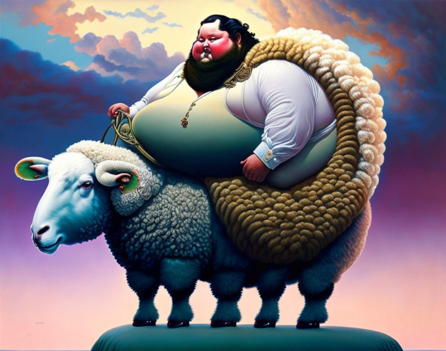 Stout woman in elegant attire riding oversized sheep in pastel sky